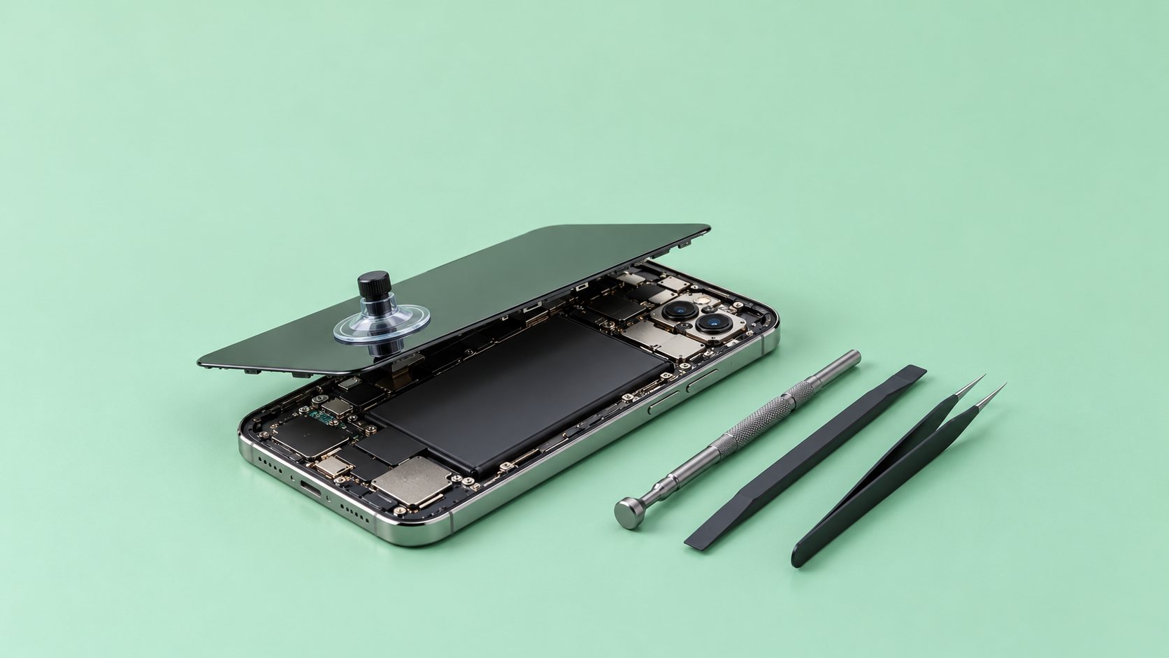 Geöffnetes Smartphone mit Präzisionswerkzeug auf mintgrünem Grund